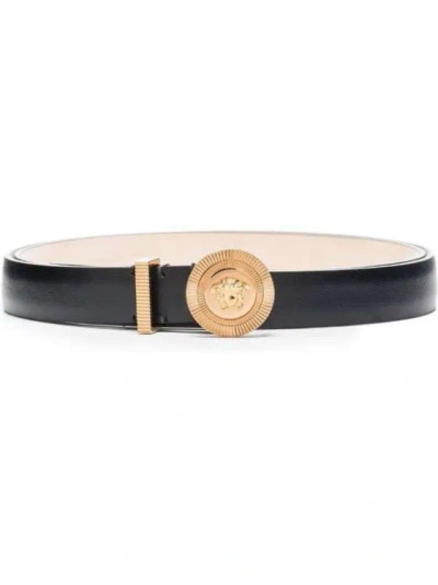 Versace Medusa Logo-buckle Leather Belt In Neutrals