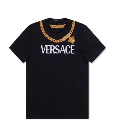 Versace Medusa Logo-chain Embroidered T-shirt In Black