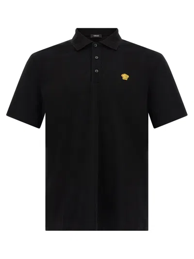 Versace Medusa Logo Cotton Piqué Polo In Black