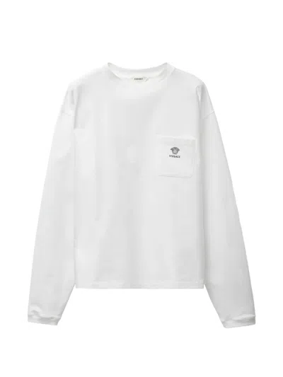 Versace Medusa Logo Embroidered Cotton Crewneck Long Sleeve Shirt In White