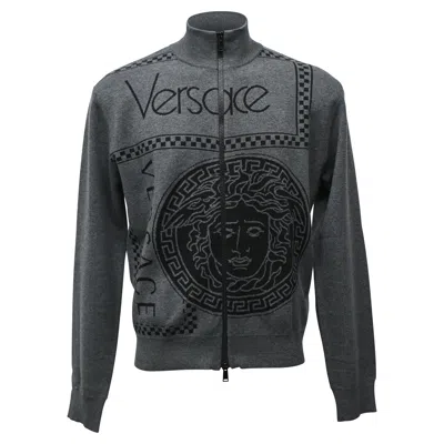 Versace Medusa Logo Zipped Sweater In Grey Wool In Gray