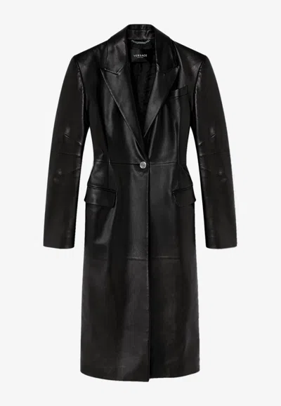 Versace Medusa Long Leather Coat In Black