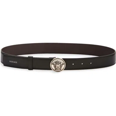 Versace Medusa Medallion Buckle Leather Belt In Black