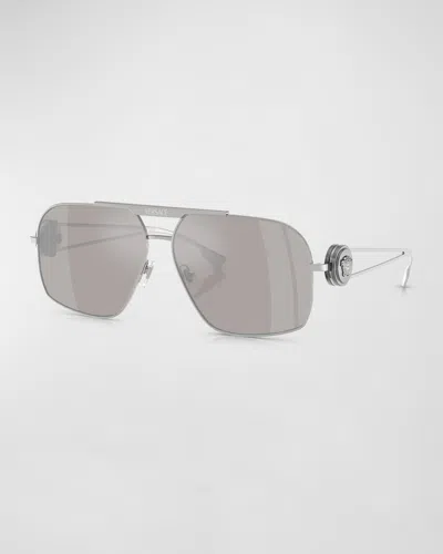 Versace Medusa Medallion Steel Aviator Sunglasses In Metallic