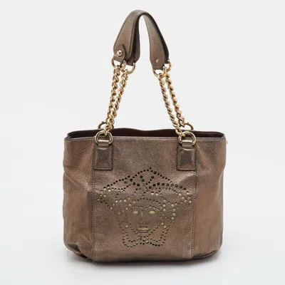 Pre-owned Versace Medusa Medium Metallic Leather Perforated Tote