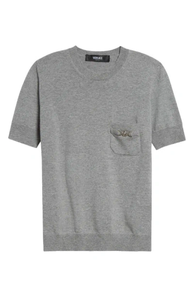 Versace Medusa Mélange Short Sleeve Virgin Wool & Cashmere Sweater In Concrete