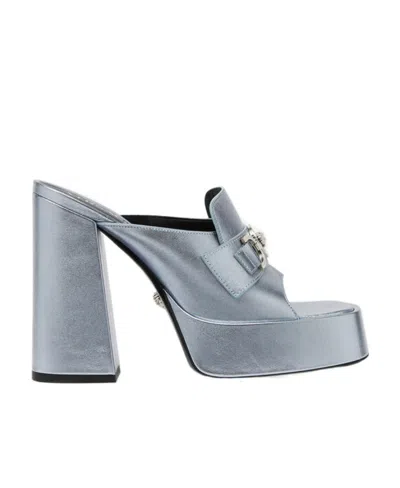 Versace Medusa Metallic-effect Open Toe Mules In Gray