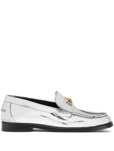 Versace Chain Detail Loafers With Metallic Finish In Silver