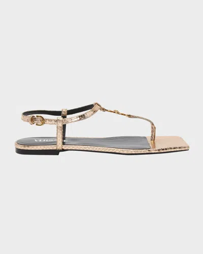 Versace Medusa Metallic T-strap Flat Sandals In 1y84v-champagne- Gold