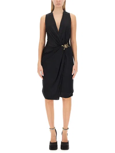 Versace Draped Front Sleeveless V-neck Dress In Black