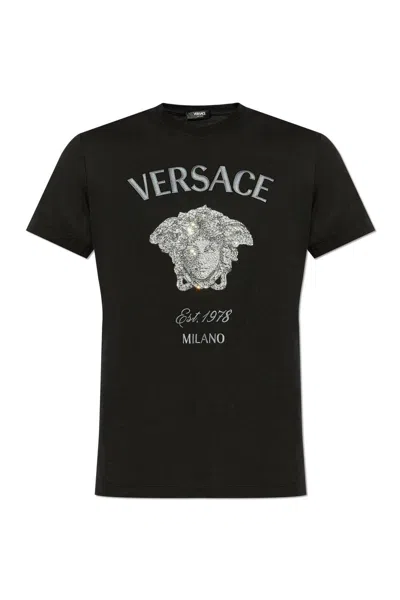 Versace Crystal Medusa Milano T-shirt In Black