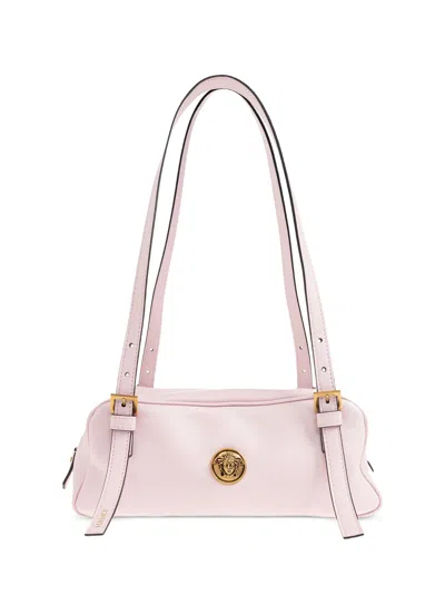 Versace Structured Pink Lambskin Shoulder Bag With Gold Accents In Red