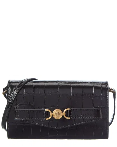 Versace Medusa Mini Croc-embossed Leather Shoulder Bag In Black