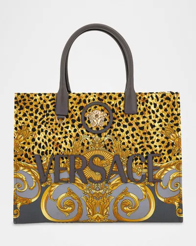 Versace Medusa Mixed-print Canvas Tote Bag In Gray