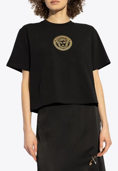 Versace Medusa-motif Crewneck Cropped T-shirt In Black