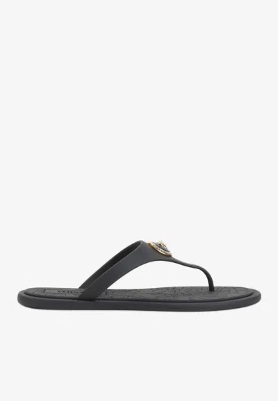 Versace Flat Sole Open Toe Sandals With Medusa Motif In Black