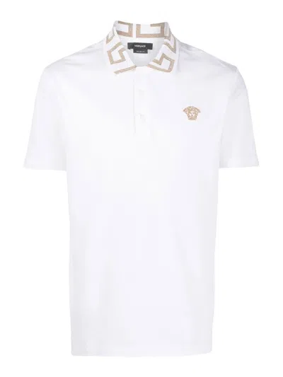 Versace Greca Short-sleeved Polo Shirt In Optical White