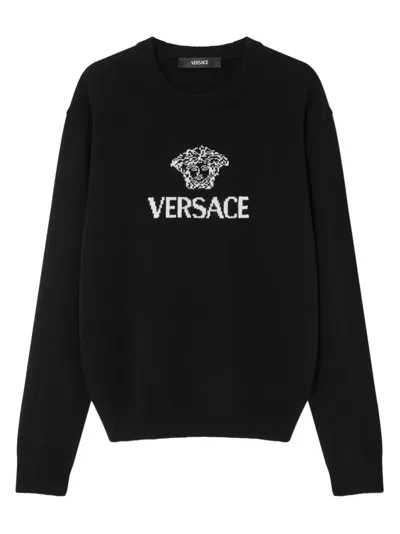 Versace Cashmere Crew Neck Long Sleeve Sweater In Black