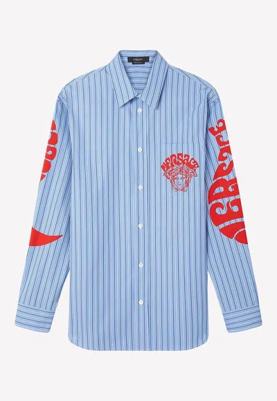 Versace Medusa Music Stripe Long-sleeved Shirt In Light Blue
