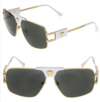 Pre-owned Versace Medusa Navigator Gold Stud White Aviator Unisex Sunglasses Ve2251 2251 In Gray