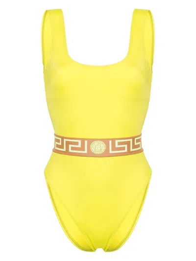 Versace Medusa One-piece Swimsuit With Print In Yellow & Orange