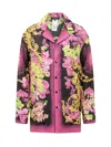 Versace Orchid Barocco Silk Twill Pajama Shirt In Nero Rosa