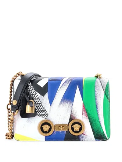 Pre-owned Versace Medusa Padlock Icon Flap Bag Printed Leather Medium Shoulder Bag In Multicolour