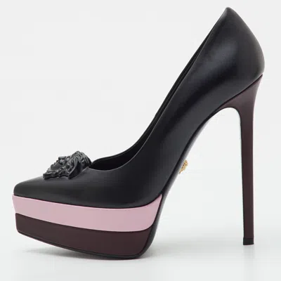 Pre-owned Versace Medusa Palazzo Size 37 Black Leather Platform Pumps