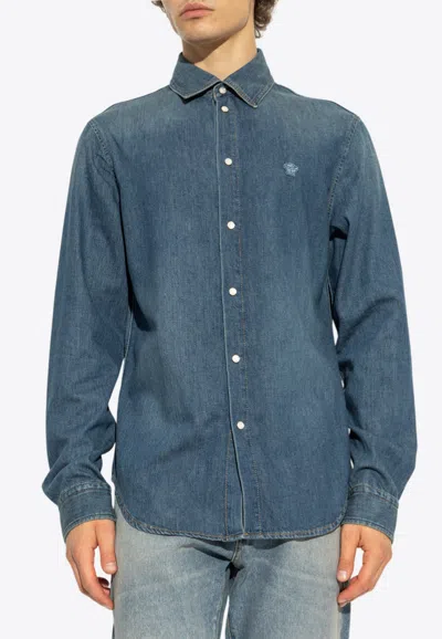 Versace Medusa-patch Denim Shirt In Blue