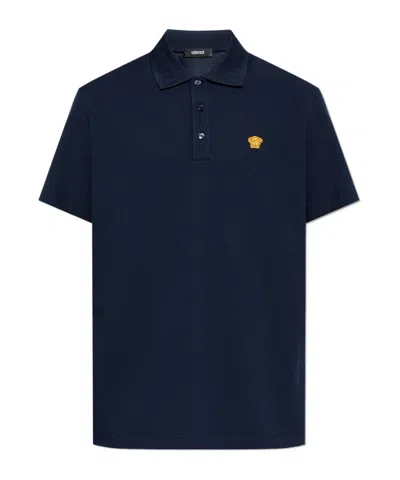 Versace Medusa-patch Short-sleeved Polo Shirt In Blue