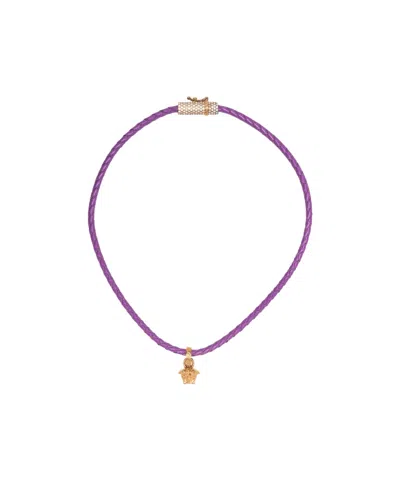 Versace Medusa Pendant Leather Necklace In Purple
