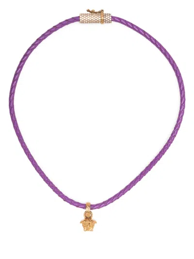 Versace Medusa Pendant Leather Necklace In Violett