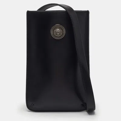 Pre-owned Versace Medusa Phone Black Leather Crossbody Bag