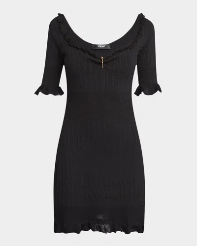 Versace Medusa Pin-gathered Micro Cable Mini Dress In Black