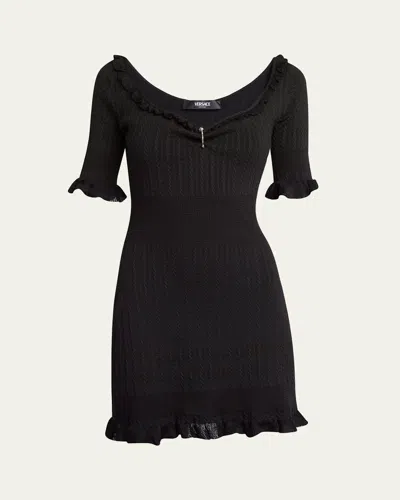 Versace Medusa Pin-gathered Micro Cable Mini Dress In Black