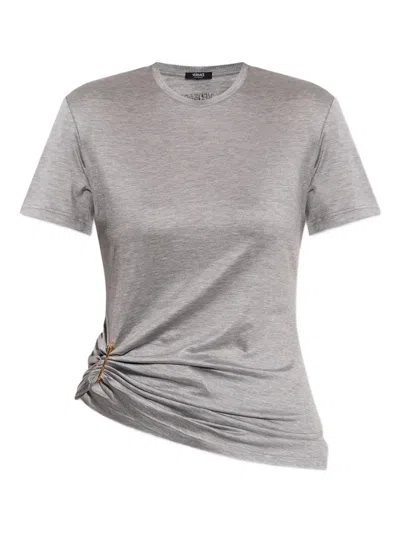 Versace Medusa Pin-gathered Jersey T-shirt In Gray