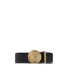 Versace Medusa Streamlined Leather Belt With Adjustable Length And Gold-tone Buckle In Nude