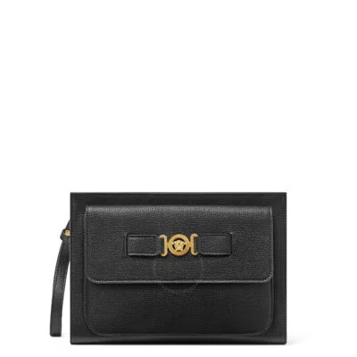 Versace Medusa Plaque Calf Leather Clutch Bag In Gold Tone/black