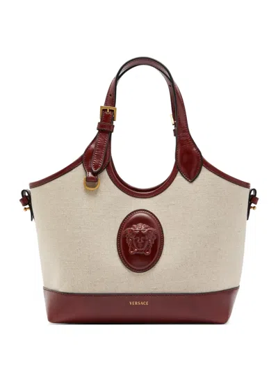 Versace Medusa Plaque Canvas Tote Bag In Neutral