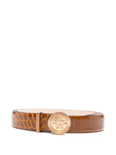 Versace Medusa-plaque Embossed Belt In Brown