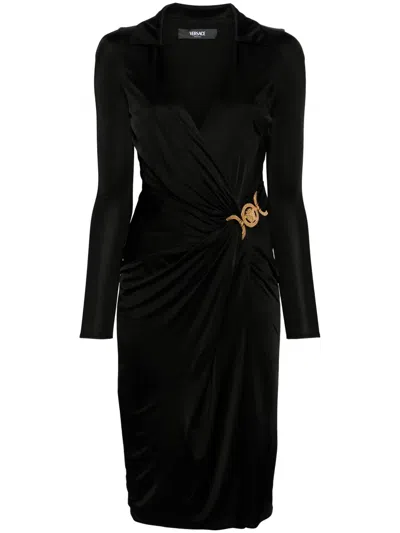 Versace Draped Front Sleeveless V-neck Dress In Black