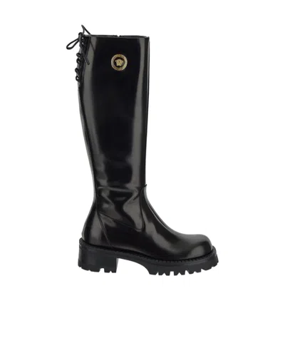 Versace Medusa Plaque Lace-up Boots In Black
