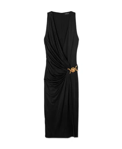 Versace Medusa Plaque Pleated Dress In Black