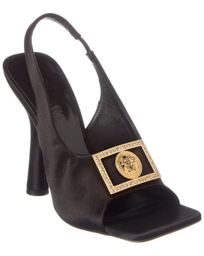 Versace Medusa Plaque Satin Slingback Sandal In Black