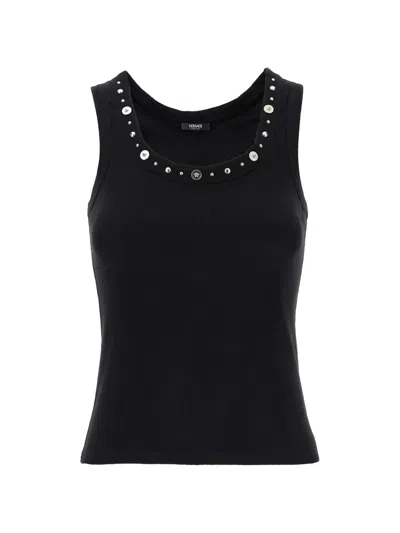 Versace Medusa Ribbed Tank Top Round Neckline In Black
