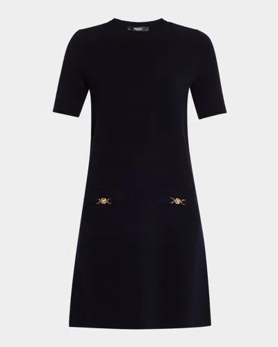 Versace Medusa-pockets Short-sleeve Wool-cashmere Mini Dress In Ink Blue