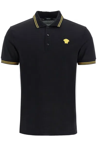 Versace Medusa Head-embroidered Cotton Polo Shirt In Black