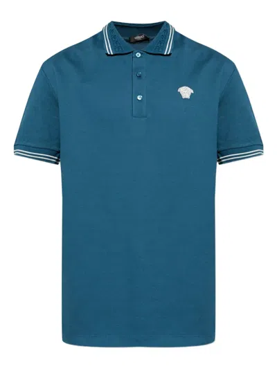 Versace Medusa Embroidered Short-sleeved Polo Shirt In Blue