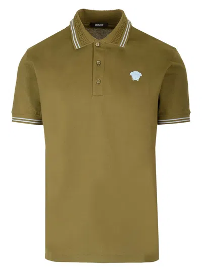 Versace Medusa Embroidered Polo T-shirt In Dark Olive