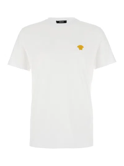 VERSACE WHITE CREWNECK T-SHIRT WITH MEDUSA EMBROIDERY ON THE FRONT IN COTTON MAN